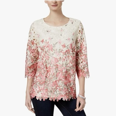 Charter Club Plus 2X Floral Lace Overlay Pink Cream Embroidered 3/4 Sleeve Top - Image 1 of 4