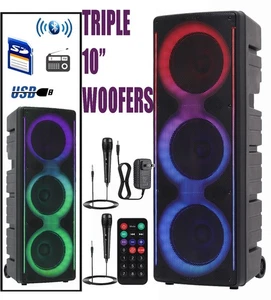 Lauter Bass Triple 10" Tieftöner Tragbarer Bluetooth Lautsprecher 2 Mikrofone DJ Party Karaoke - Bild 1 von 14