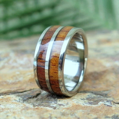 Genuine Thick Hawaiian Koa Wood Inlay Titanium Wedding Ring Band 8mm TWR1011 - Image 1 of 4