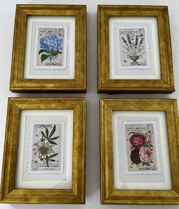 Miniature Gold Framed Botanical Parisian Stamp Prints Matted Shabby Chic Antique - Picture 1 of 11