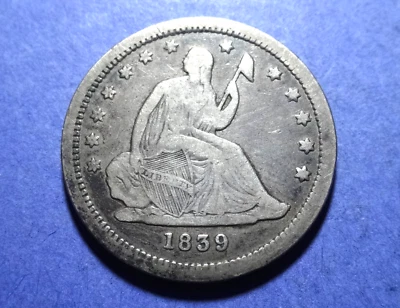 1839 No Drapery Seated Liberty Quarter  VF - Image 1 of 2
