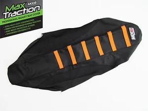 KTM SX SXF SX-F 2007-2010 FUNDA DE ASIENTO CON PINZA ACANALADA NEGRA CON RAYAS NARANJAS - Imagen 1 de 4