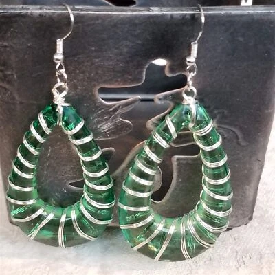Handcrafted Retro 80s Statement Green Lucite Open Teardrop Wire Wrapped Earrings - Image 1 of 4