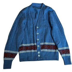 Vintage Opa Strickjacke Pullover blau rot Danish Print Gr. M - Bild 1 von 4