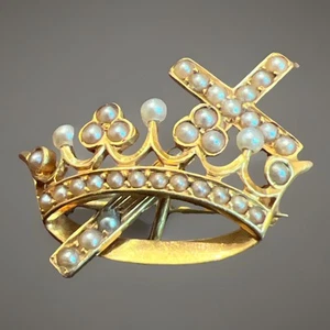 RARA antica spilla orologio oro giallo 14 kt cavalieri templari semi perle 3,23 g - Foto 1 di 16