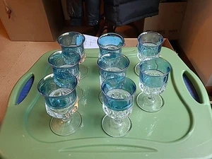 Vintage Kings Crown Large Goblet Rare Clear With Blue Rim Set Of 8 - Picture 1 of 5
