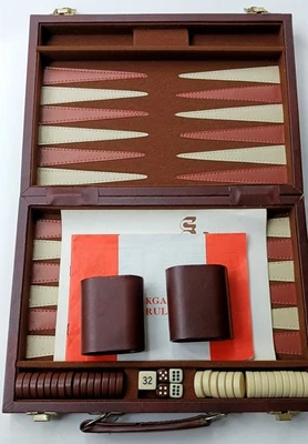 Backgammon Travel Set in Brown Faux Leather Folding Brief Case Complete Vintage  - Image 1 of 4