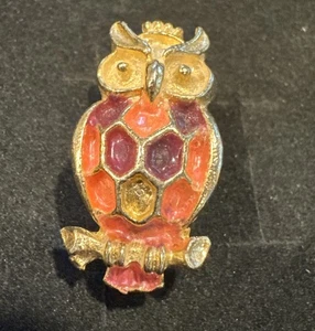 Vintage Eule HOBE Guss Vintage goldfarbene Brosche Anstecknadel mit orange & rot 1,25" - Bild 1 von 8