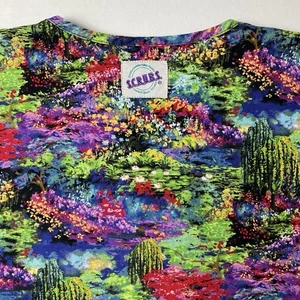 S.C.R.U.B.S. Scrub Top Sz Large Colorful Impressionist Garden Pond Floral Print - Picture 1 of 8
