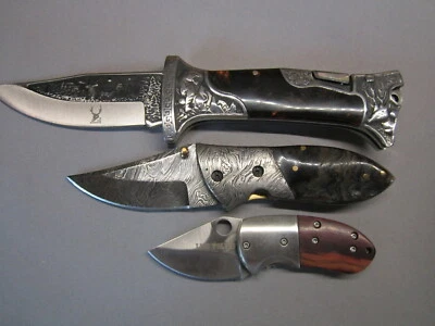 ¡3 cuchillos plegables hechos a medida! Acero Damasco, Acero Inoxidable, Hueso Madera Caza Foto 1 de 4