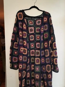 Crochet Granny Square Maxi Cardigan 90s Whimsigoth Full Length M L 14 16 Cotton - Picture 1 of 10