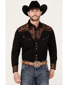 NWT Scully Western Gunfighter Shirt XL Black Copper Embroidered Pearl Snap - Picture 1 of 9