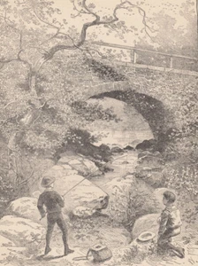 VICTORIAN BOYS FISHING IN CREEK UNDER BRIDGE ANTIQUE FISHING PRINT 1887 - Picture 1 of 2