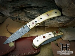 HUNTEX Custom Handmade Damascus Blade 110mm Long Camel Bone Hunting Pocket Knife - Picture 1 of 9