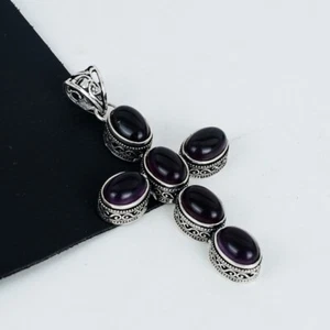 Dunkel Amethyst Kreuz Edelstein Anhänger 925 Sterling Silber Handgemacht Schmuck - Bild 1 von 4