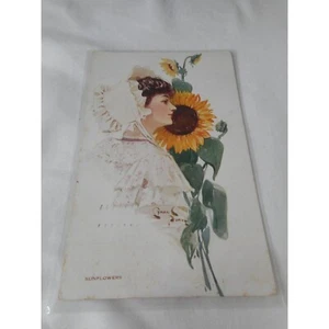 Vintage Postcard woman 1911 posted w/ stamp pretty lady Sunflower - Picture 1 of 2