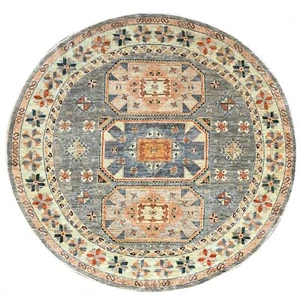 8'x8' Seared Gray Extra Soft Wool Caucasian Design Round Oriental Rug R86413 - Picture 1 of 11