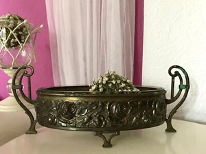 Antica ciotola stile Art Nouveau giardiniere inserto da tavola montatura in metallo lamiera di ottone vetro - Foto 1 di 24