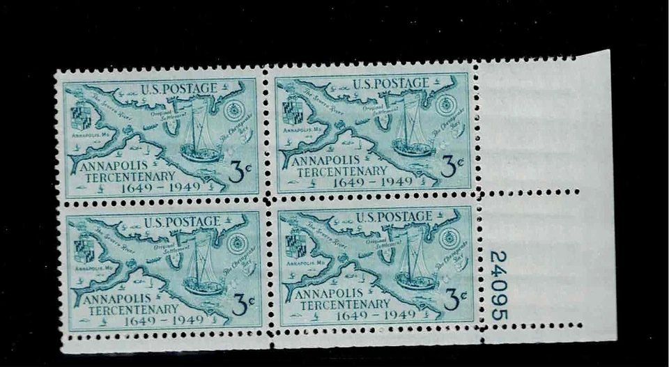 US Scott #984, Plate Block #24095 1949 Annapolis 3c FVF MNH Lower Right - Image 1 of 1