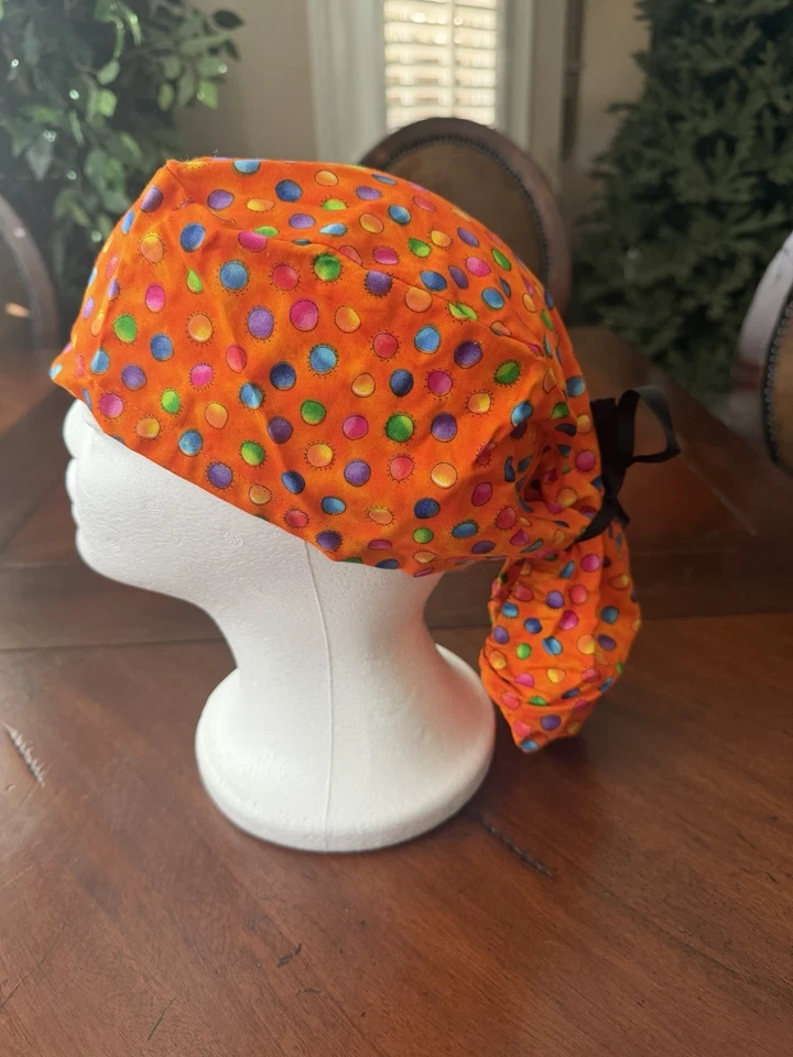 Orange With Multicolor Polkadot Ponytail Scrub Hat - Image 1 of 1