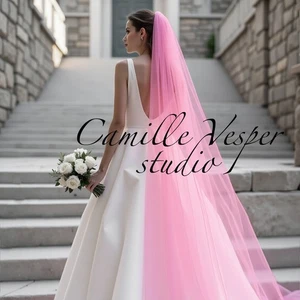 One tier Pink tulle Bridal Veil. Single layer pink Wedding veil. Long pink veil - Picture 1 of 7