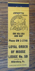 MOOSE LODGE #59 MATCHBOOK COVER: MILLERSBURG, PENNSYLVANIA c1960 MATCHCOVER -A9 - Picture 1 of 2