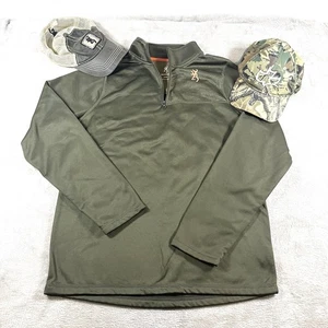 Browning Hunting 1/4 Zip Green Pullover Lot With 2 Hunting Hats Otto - Picture 1 of 11