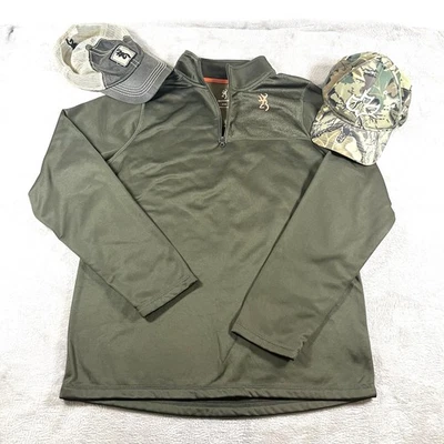 Browning Hunting 1/4 Zip Green Pullover Lot With 2 Hunting Hats Otto - Image 1 of 4