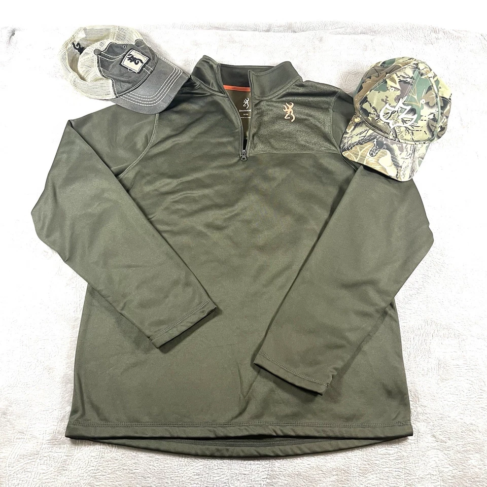 Browning Hunting 1/4 Zip Green Pullover Lot With 2 Hunting Hats Otto - Image 1 of 4