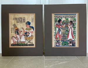 Egyptian King Tut Tutankhamon Queen Papyrus Art Print Matted vgt SET of 2 16x20 - Picture 1 of 8
