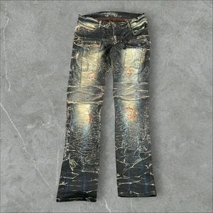 Robins Jeans Mens 34x36 Blue Distressed Acid Wash Moto Ribbed Flap Pocket Stud - Picture 1 of 10
