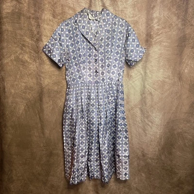 Camisa Vintage Años 60 Sears Geométrica Diamante Satinado Cintura Vestido Columpio Azul Gris Mod  Foto 1 de 4