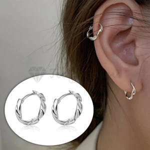 Minimalist Round Metal Twisted Hoop Ring Silver Sleeper Stud Cartilage Earrings - Picture 1 of 12