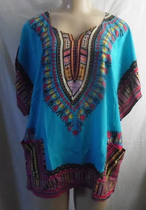 BLUE BLACK MULTI AFRICAN  PRINT DASHIKI MEN'S WOMEN'S SHIRT BLOUSE TOP S,M,L - Picture 1 of 9