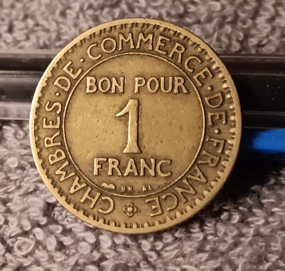 1923 ~ Francia 1 Franco ~ km#876 ~ Circulado Francés 1Fr. Moneda de bronce  Foto 1 de 4