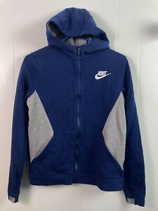 Boys Nike Blue Gray Hoodie Full Zip Front Pockets Long Sleeve Logo Extra Large