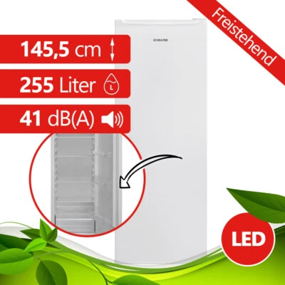 GERATEK Kühlschrank freistehend 255 Liter Vollraum Weiß Stand Kühlgerät LED 145,5 cm