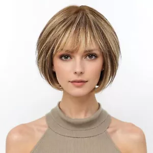 Short Bob Wigs Brown Mixed Blonde Wigs Remy Human Hair for Women with Bangs - Picture 1 of 8