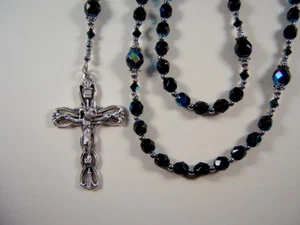 Womens Black Rosary Catholic 18+" Jet AB Czech Glass Beads Las Mujeres Rosario - Picture 1 of 12
