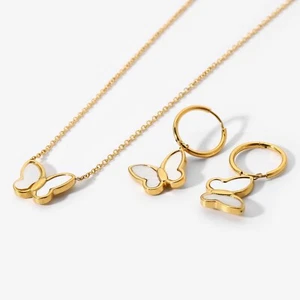 18K GoldPlated Waterproof White Natural Shell Butterfly Hoop Earrings & Necklace - Picture 1 of 12