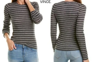 MAGLIONE VINCE NUOVO CON ETICHETTE $235 GIROCOLLO L/S 100% LANA A RIGHE H.CARBON/OFF WHITE. TG S - Foto 1 di 8