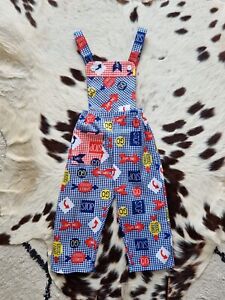 VTG 60S DEADSTOCK GINGHAM ROAD SIGNS KITSCH COTTON OVERALLS APPROX 18-24 MONTHS