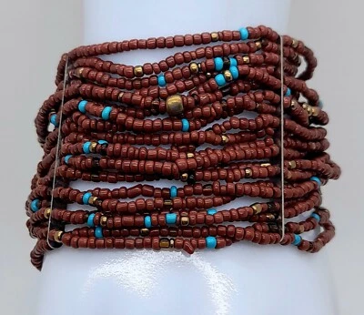 Brazalete B001 Marrón Multi Hecho a Mano Vidrio Cuentas Elástico Distintivo 1.75" Ancho #2 Foto 1 de 4