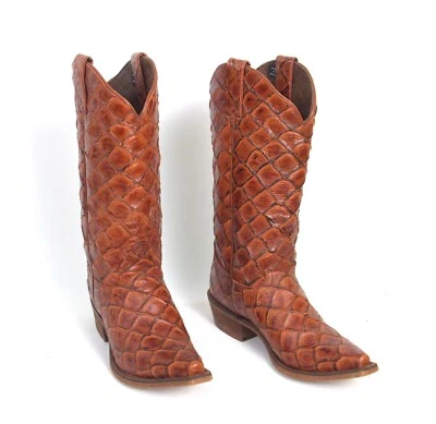 Nocona Cognac Brown Pirarucu Print Womens 7.5B Bessie Snip Toe Cowboy Boots - Image 1 of 4