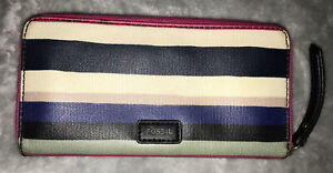 Fossil multicolored faux leather w/stripes Design zip around wallet