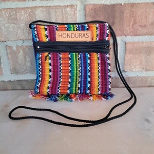 Vintage, lebendige Honduras gewebte Umhängetasche mit zwei Reißverschlusstaschen & Rüschen - Bild 1 von 5
