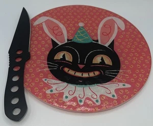 Johanna Parker genarbtes rundes Glas Schneidebrett grinsend schwarze Katze Jack 8 Zoll - Bild 1 von 10