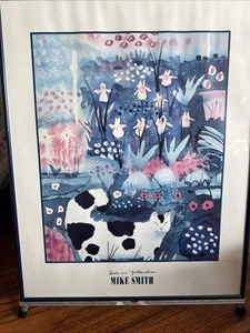 1993 Mike Smith Bill and Yellow Iris Framed Print of Cat in Garden - Picture 1 of 5
