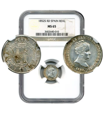 1852S RD Spain Real, Isabel II, First Portrait - NGC MS65, Finest Graded - Image 1 of 4