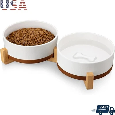 Cuencos de cerámica antideslizantes para perros con soporte de madera diseño de doble cuenco mascotas grandes nuevos Foto 1 de 4